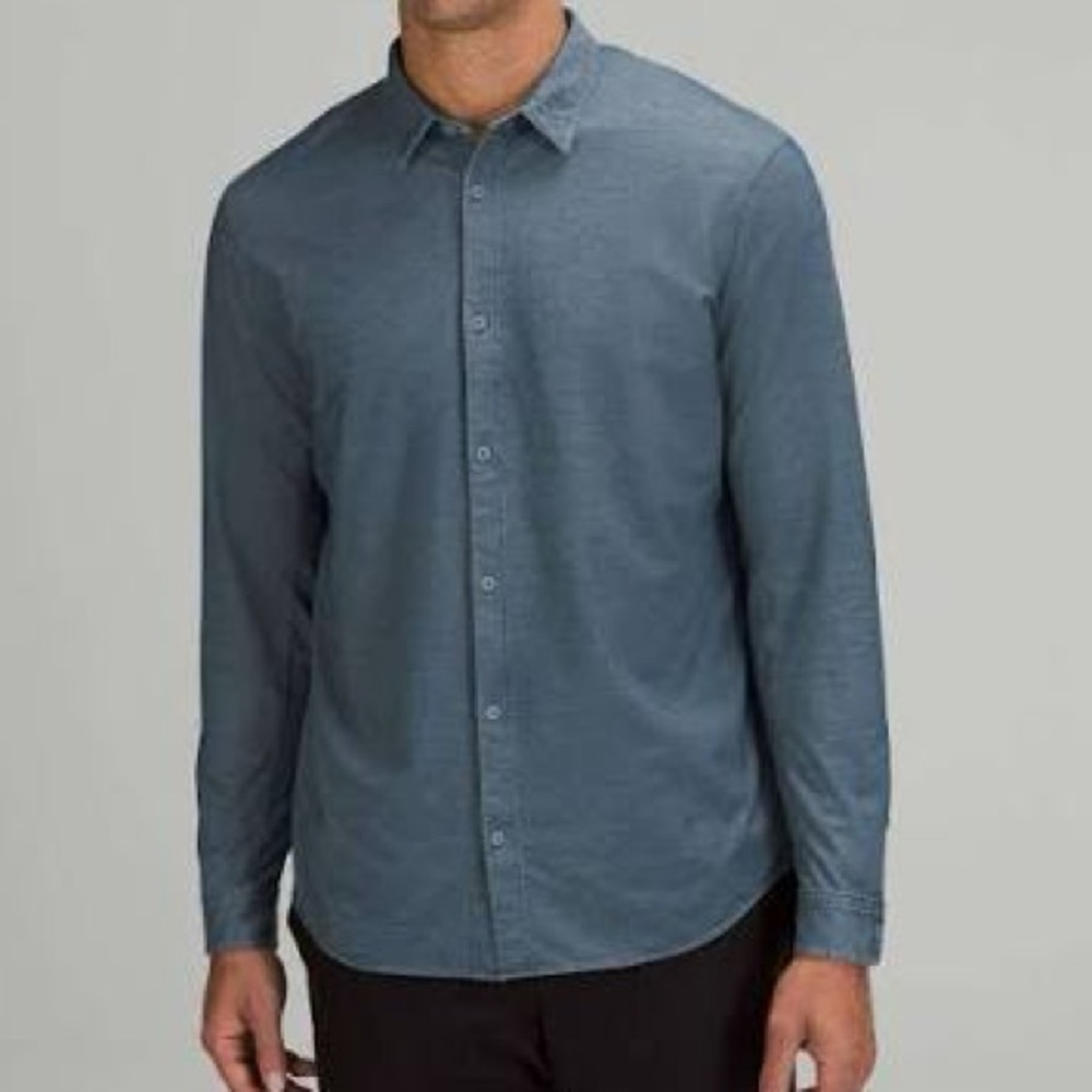 Lululemon Commission Shirt Mens XL Blue Enzyme Dye Long Sleeve Button Up Stretch